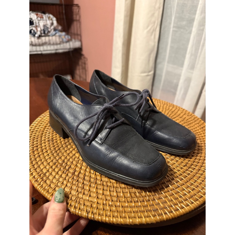 Naturalizer Navy Blue Leather Lace Up Oxford Block Heels Square Toe Size 8.5 N